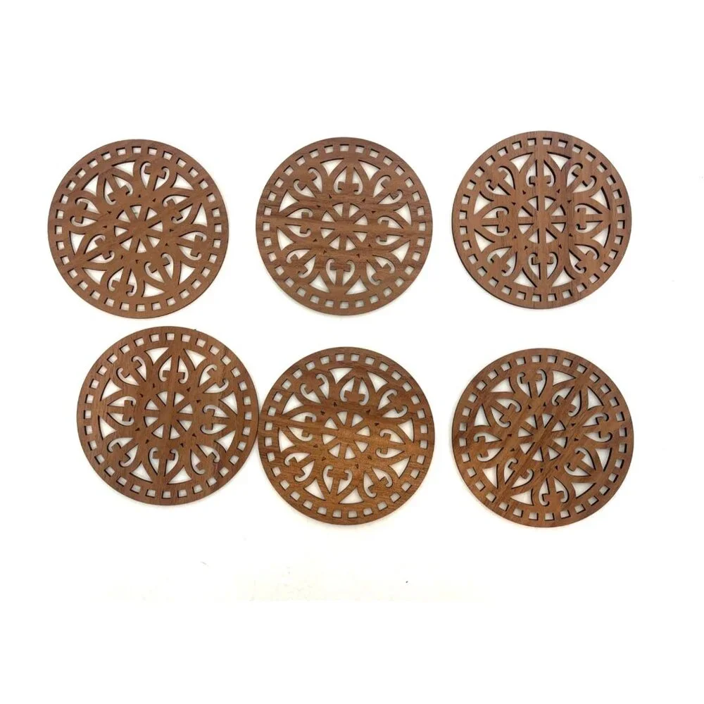 Set of 6 Wooden Laser Cut Coasters Thin Detailed 4.25